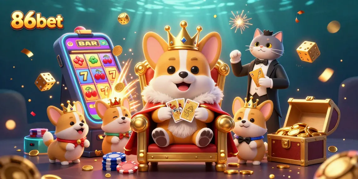 Engage in thrilling gaming at 86bet with a vibrant scene featuring royal corgis and exciting casino elements.