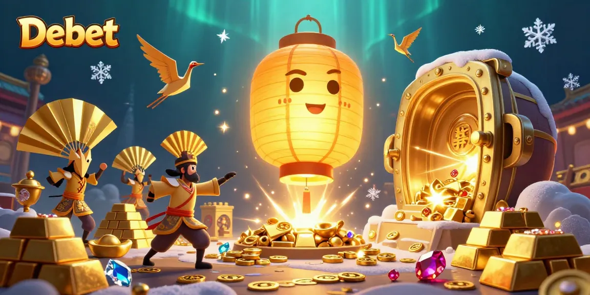 Experience thrilling gameplay with Debet at the vibrant casino scene filled with golden treasures and lucky symbols.