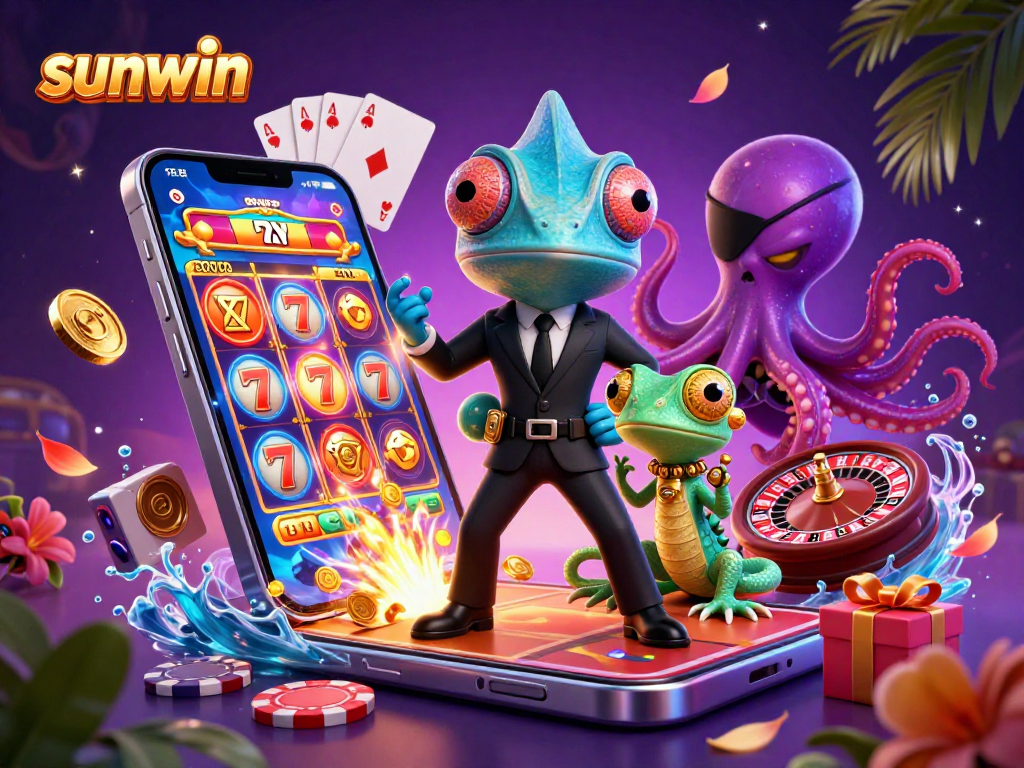 Spin the reels with sunwin in this vibrant 3D casino illustration showcasing thrilling slot action!