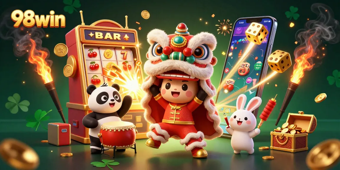 Experience winning excitement at 98win with a vibrant 3D digital casino scene featuring lucky symbols and characters in action.