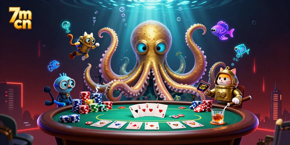 Bet on 7m cn in this dynamic scene with a kraken, poker setup, and vibrant underwater glow.