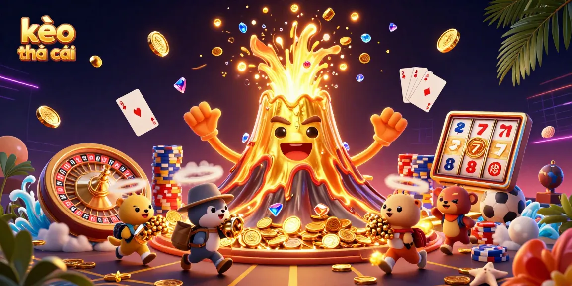Engage with kèo nhà cái as a volcano erupts treasure in a vibrant casino scene filled with excitement.
