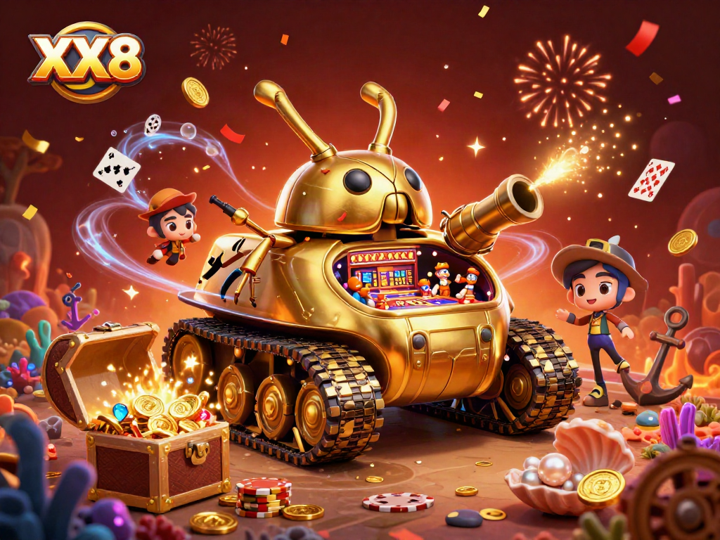 Experience the excitement of XX8 with a vibrant 3D casino adventure featuring a golden beetle tank.