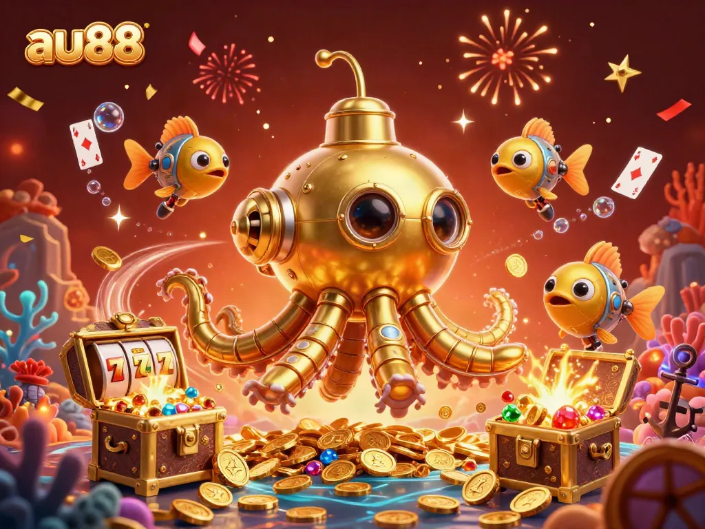 Experience the thrill at au88 with a golden kraken submarine amidst vibrant casino elements.