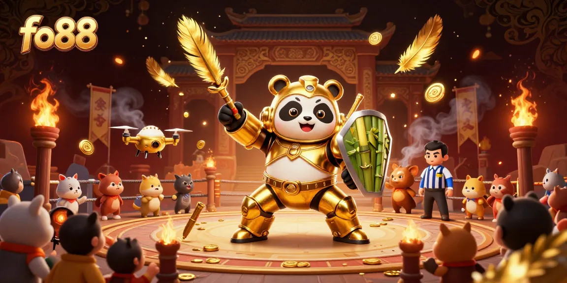 Experience epic wins at fo88 with a vibrant 3D casino battle featuring a golden panda and dynamic gambling elements.