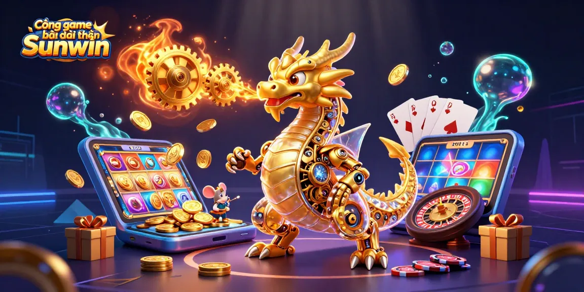 Cổng game bài đổi thưởng Sunwin showcases a golden dragon surrounded by casino elements like slots, cards, and coins.