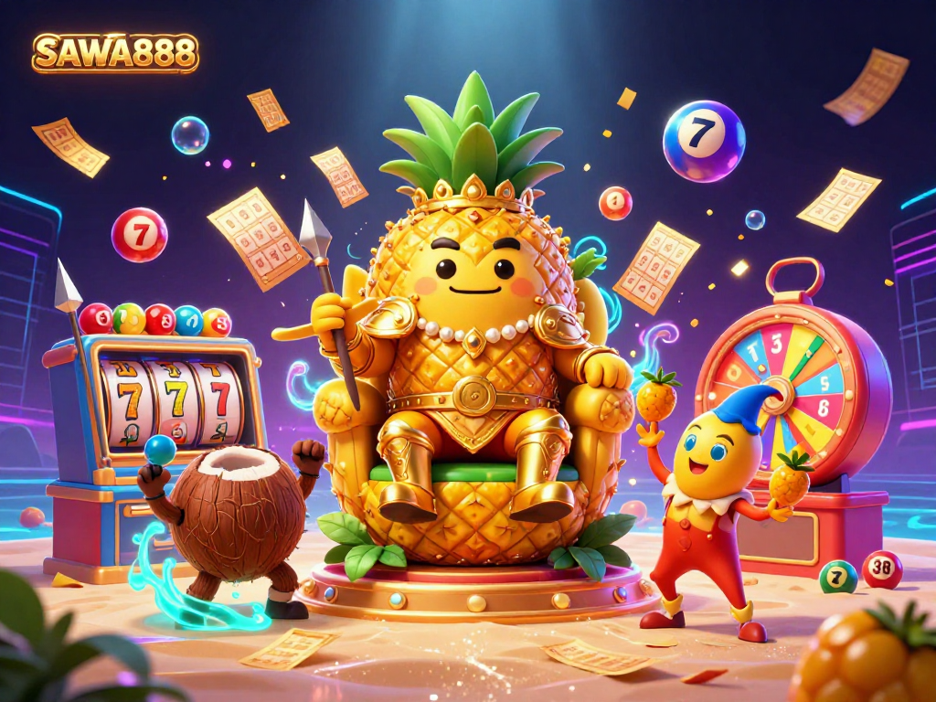 Engage with SAWA888's vibrant casino scene featuring the golden pineapple king, dynamic slot elements, and colorful prizes.