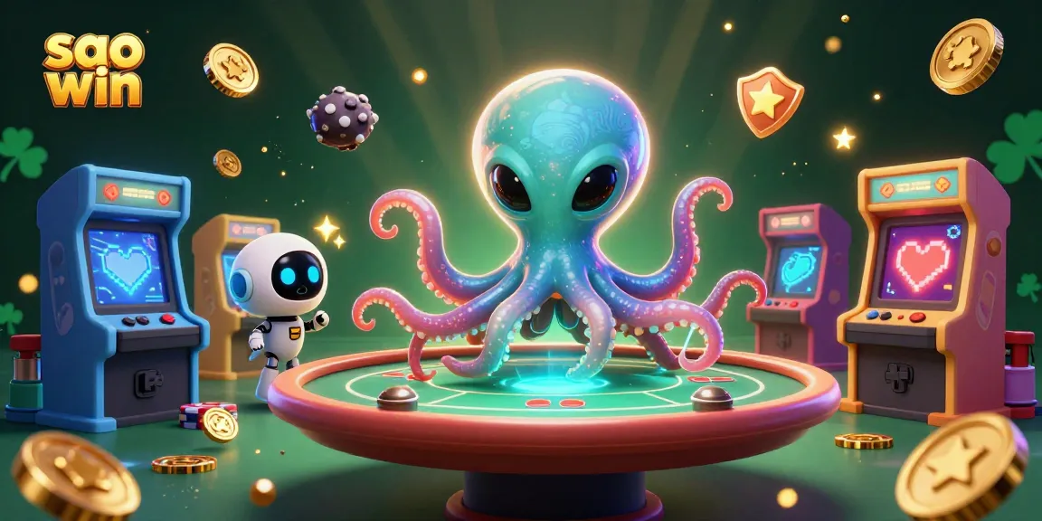 Simplifying thrilling moments while winning with Sao Win, featuring an alien octopus at a poker table in a vibrant cosmic scene.