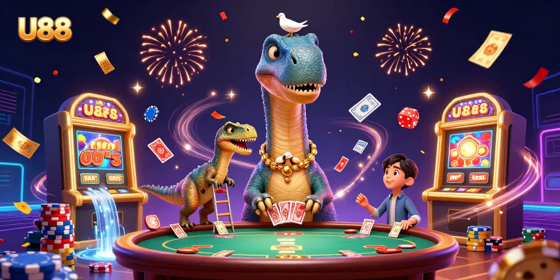 Experience exciting gameplay at U88 with a lively casino scene featuring vibrant poker elements and dynamic characters.