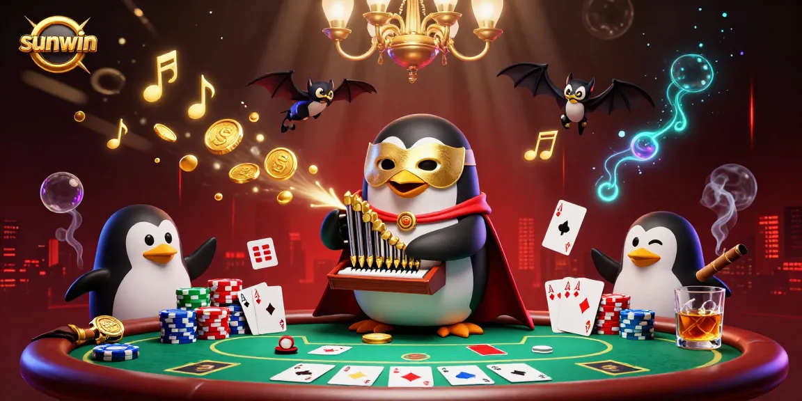 Win big with sunwin in this vibrant 3D poker scene featuring a penguin and bat acrobat.