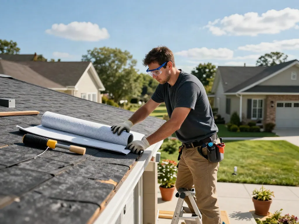 Roofer installing a felt roof with quality materials on a garage in a sunny setting.