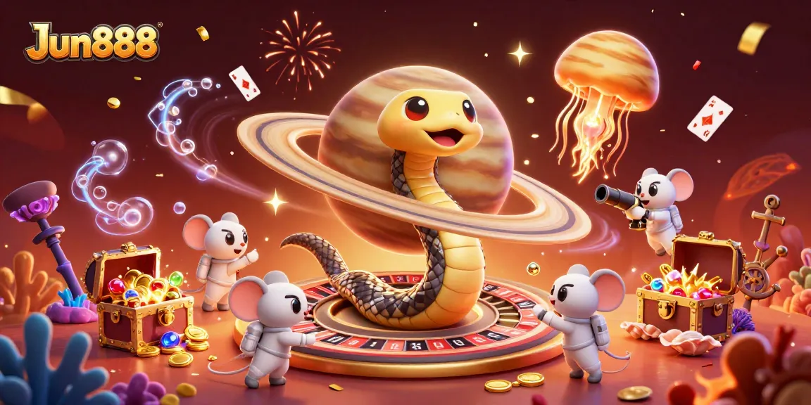 Experience cosmic betting at Jun888 with vibrant characters and exciting casino elements.