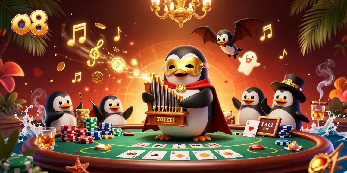 Engage in thrilling o8 casino games with our vibrant 3D illustration featuring a penguin in action.