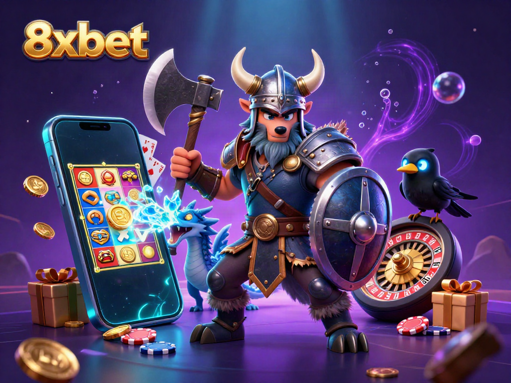 Engage with thrilling 8xbet slots while featuring a Viking wolf warrior and a fierce dragon.