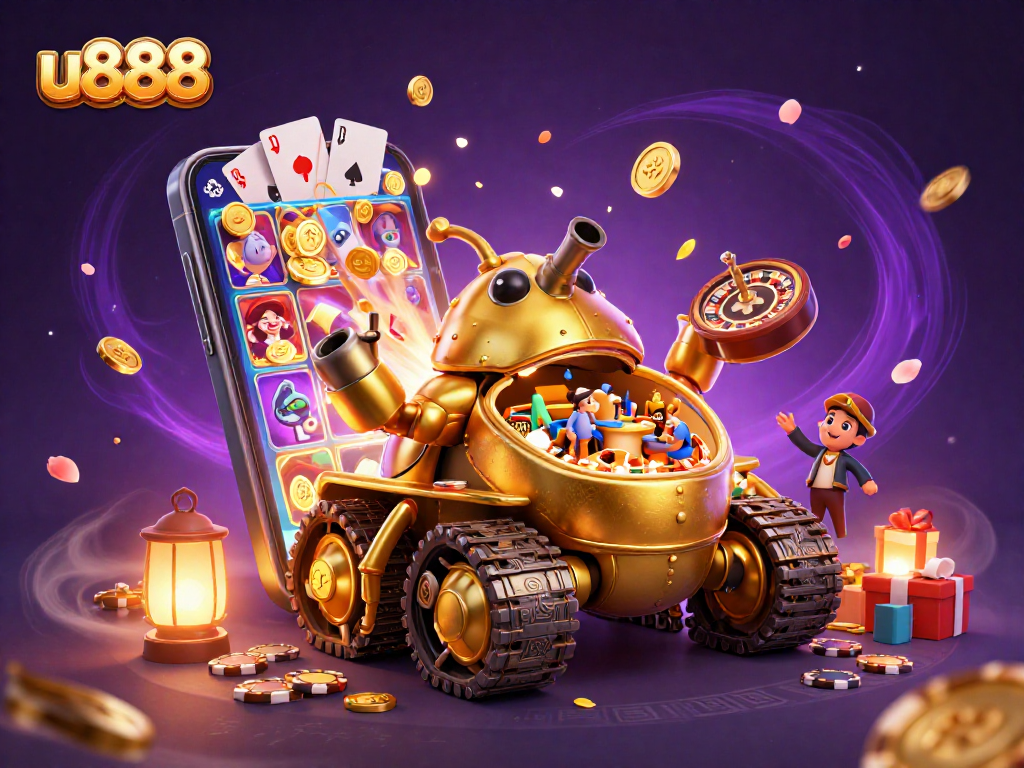 Spin to win at u888 with vibrant slots and casino elements in a dynamic, colorful scene.
