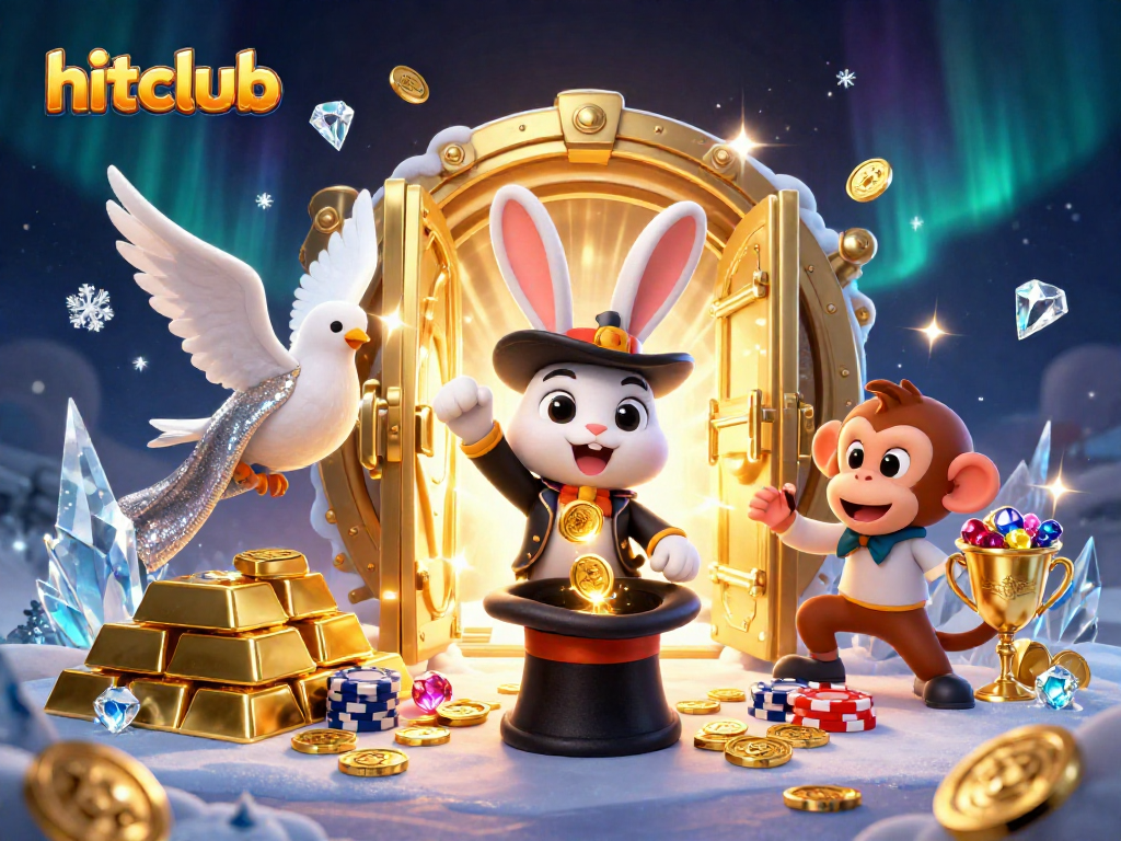 hitclub signifies endless winnings with a magician pulling coins, dazzling gems, and a playful monkey.