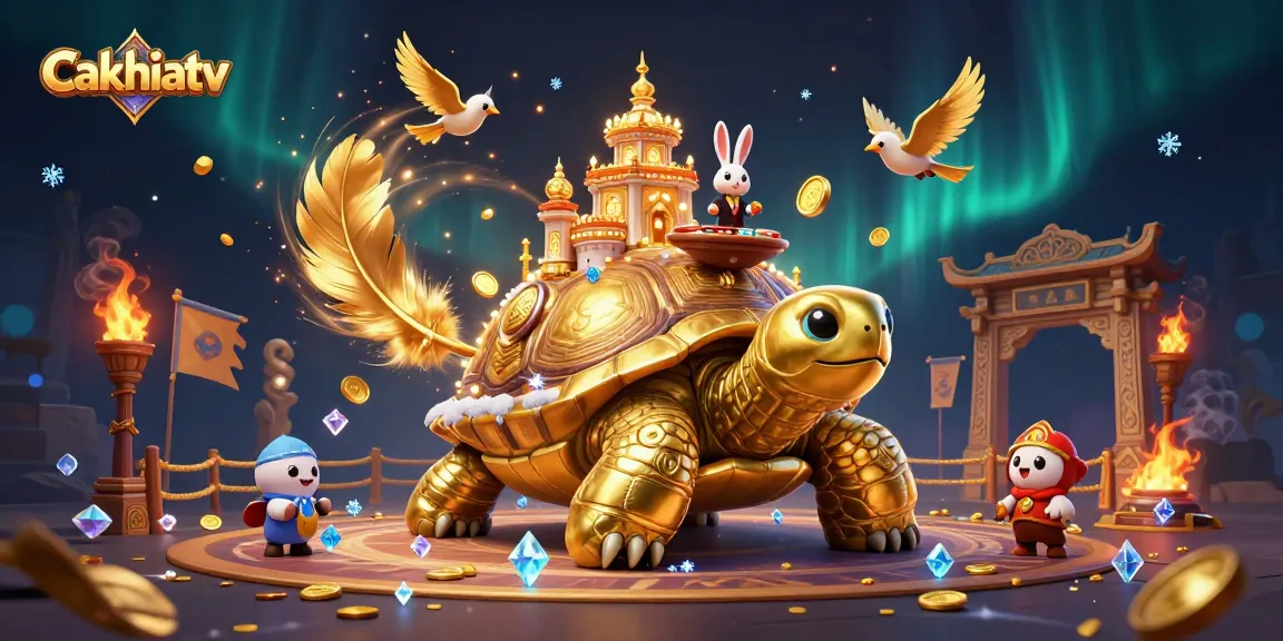 Experience cakhiatv's vibrant casino scene with a golden tortoise and rabbit dealer amidst swirling feathers.