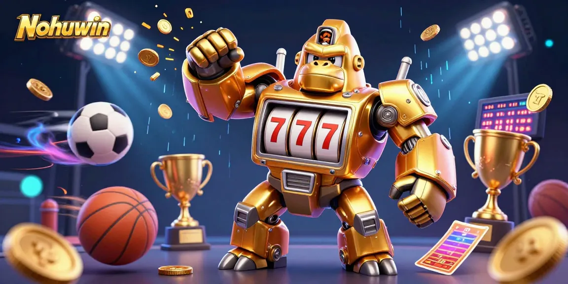 Nohuwin showcases thrilling online gambling action with a golden gorilla mech and dynamic sports elements.