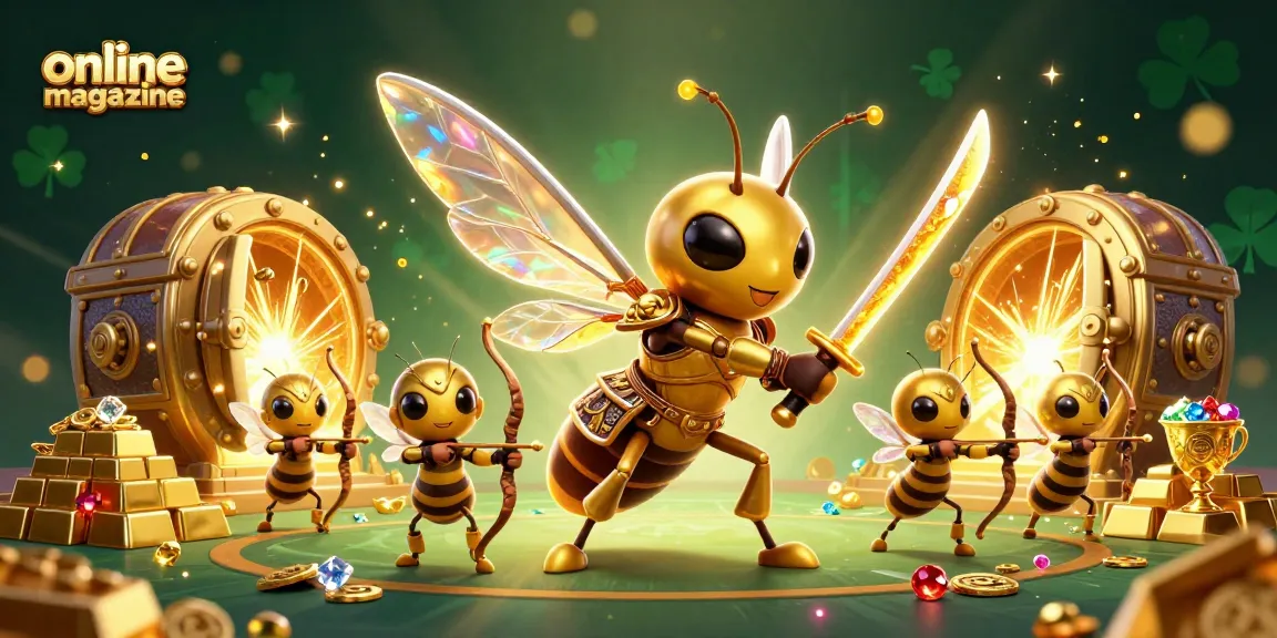 Engage in vibrant gaming action with our online magazine featuring a golden hornet samurai and gambling treasures.