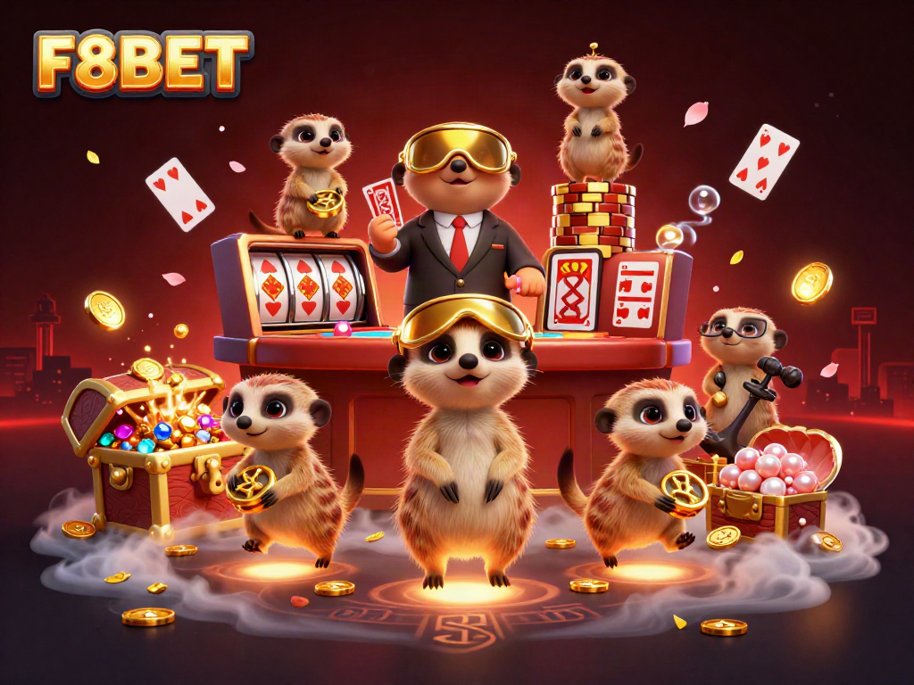 F8BET meerkats running a vibrant casino operation with exciting gameplay elements in dynamic 3D