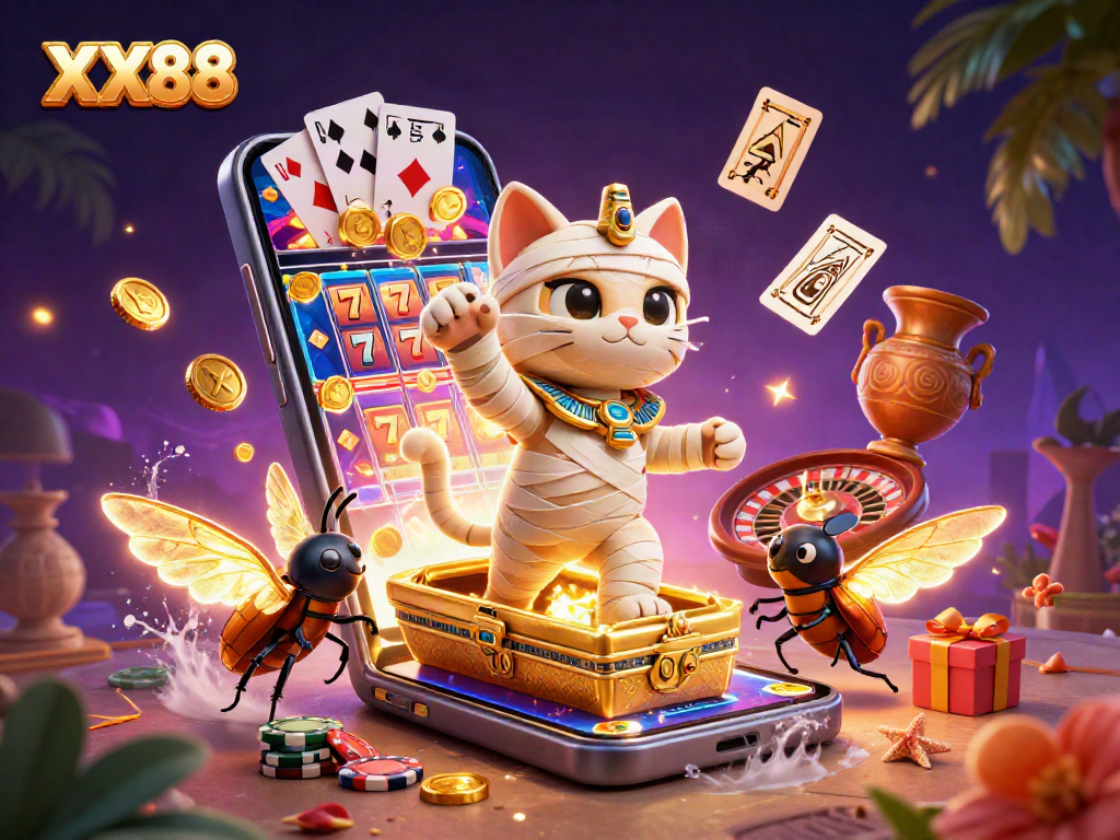 Experience thrilling slots with XX88 as an Egyptian mummy cat bursts into the casino scene.