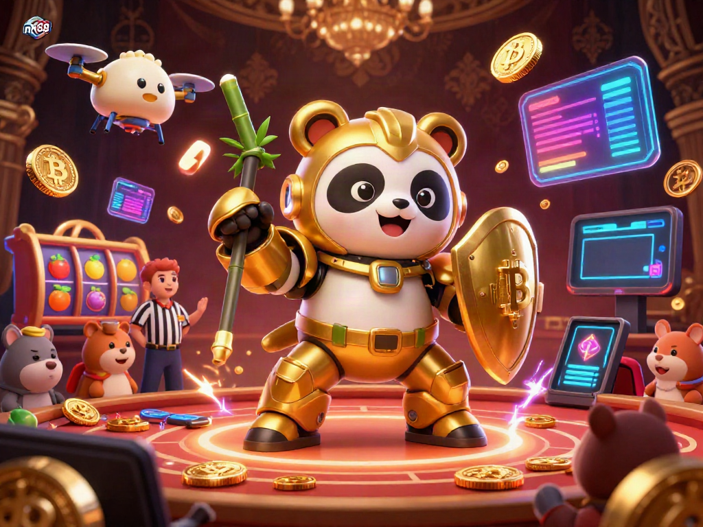 Engage in thrilling action at nk88 online casino, where a golden panda orchestrates excitement with a robot amidst vibrant games.