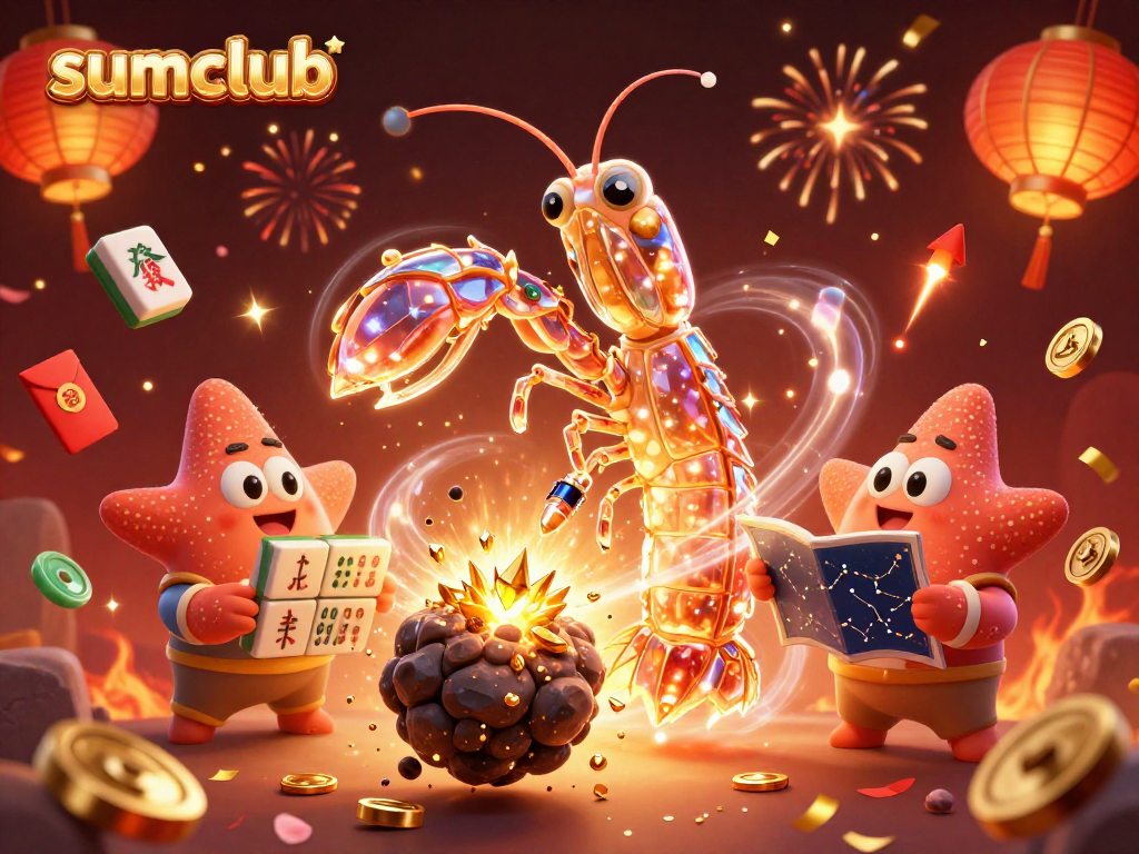 Experience thrilling gameplay at sumclub with a vibrant scene of animated characters surrounded by lucky symbols and games.