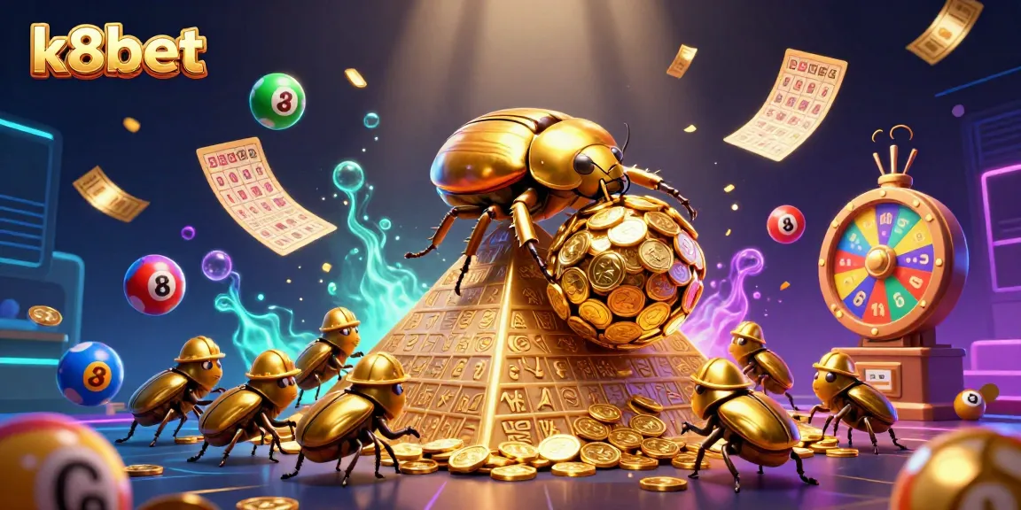 Join the excitement with k8bet as a golden beetle rolls coins toward big wins in a colorful, dynamic casino scene.