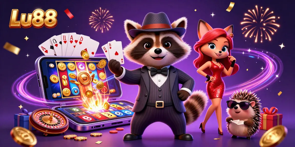 Play exciting slot games with Lu88's vibrant illustration featuring casino characters.