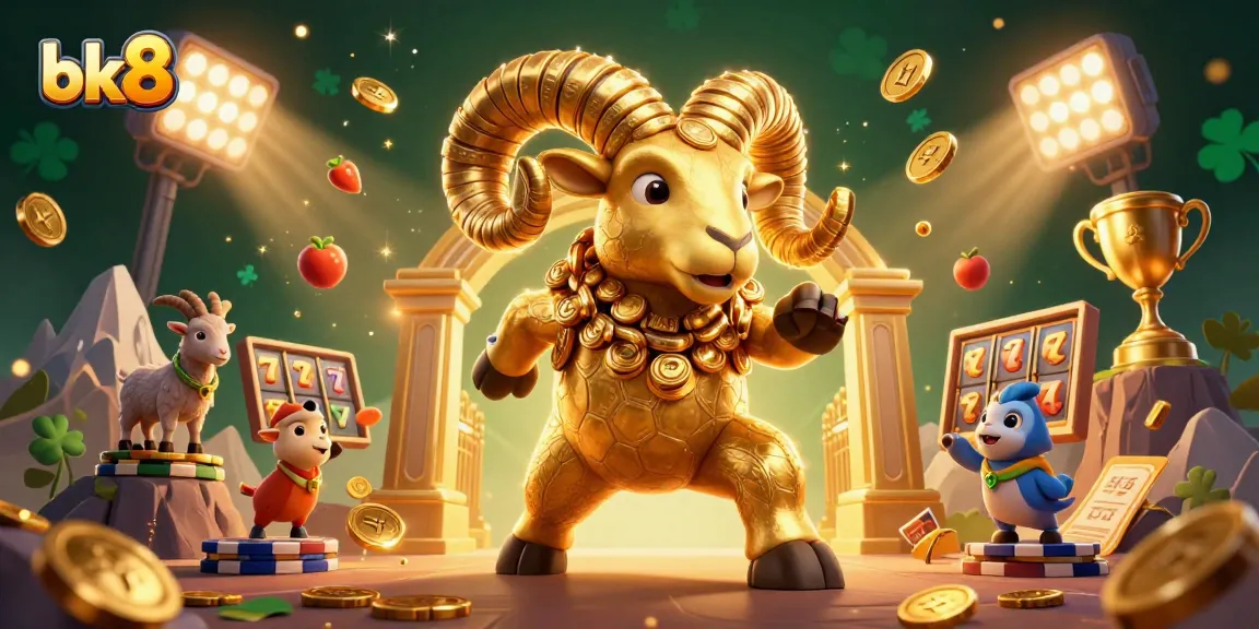 Experience thrilling slots at bk8 with our massive golden ram mascot charging through a vibrant casino.