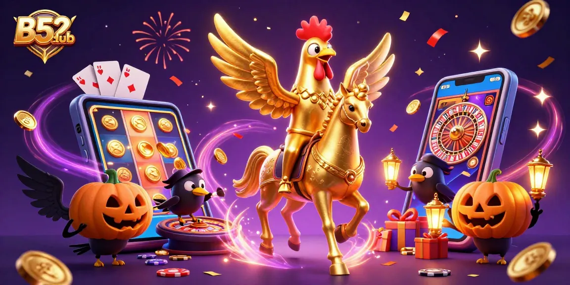 B52club invites players to enjoy thrilling gaming with a vibrant casino scene filled with energetic characters and colorful slot games.