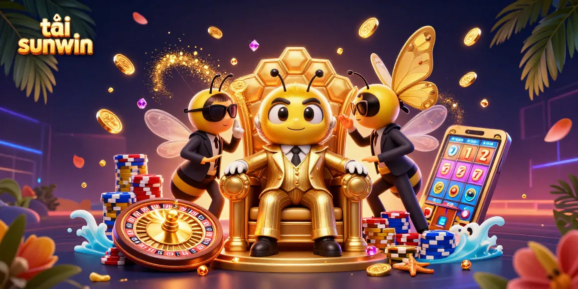 Spin slots and win with tải sunwin, featuring a vibrant 3D casino scene filled with colorful characters and treasures.