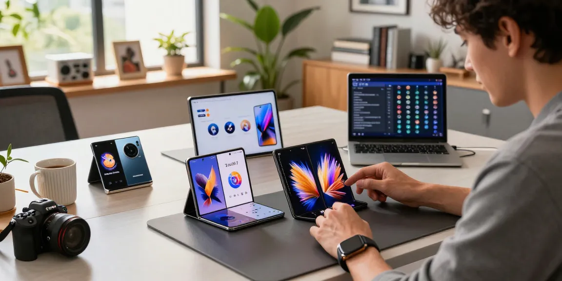 Exploring foldable phones 2026 on a modern desk, showcasing vibrant tech innovation.
