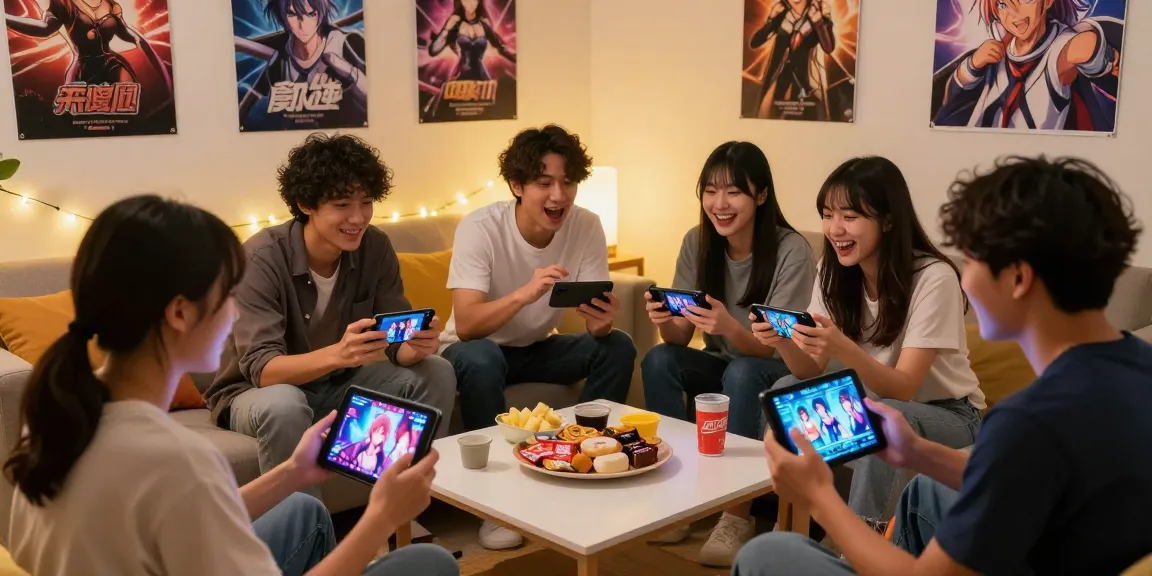 Friends play hentai games on mobile devices in a cozy living room atmosphere, showcasing vibrant graphics and engaging interaction.