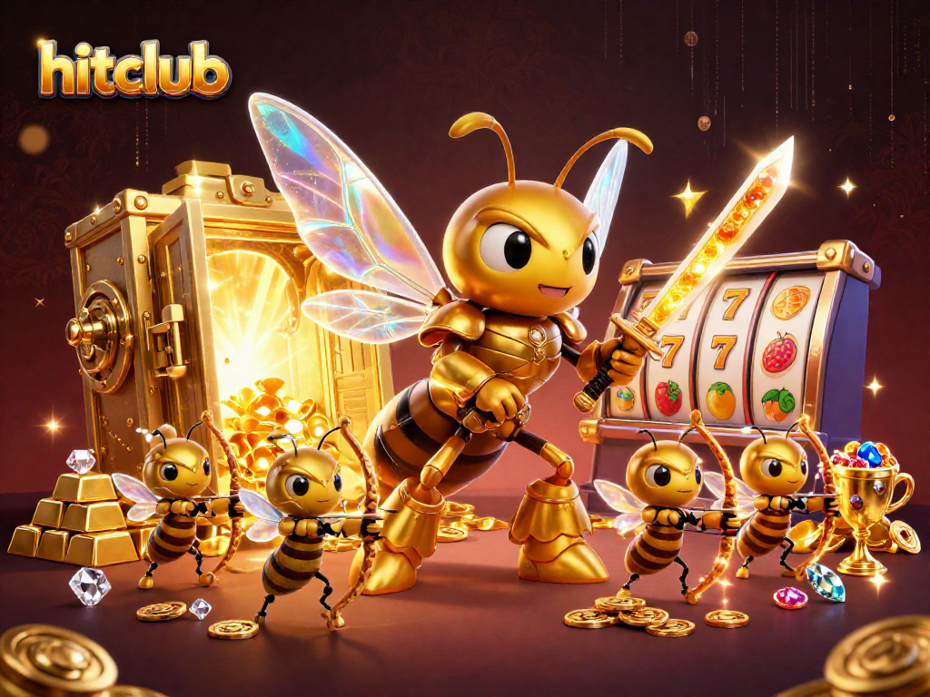 Hitclub showcases a vibrant slot scene with a golden hornet and treasure overflowing from a vault.