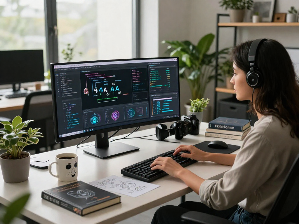 Software developer analyzing nsfw ai algorithms in a modern tech workspace with vibrant decor.