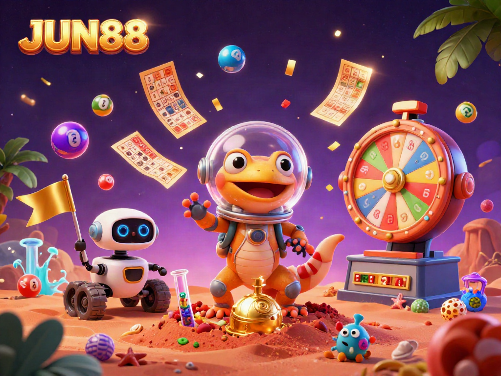 Engage in JUN88's vibrant casino atmosphere with a Martian gecko and colorful game elements