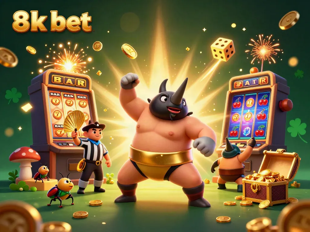 Engaging scene of 8xbet with a rhinoceros beetle sumo champion amidst vibrant casino elements.