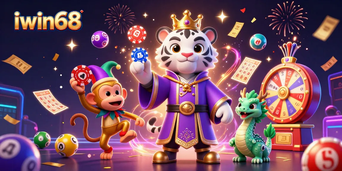 Experience excitement at iwin68 with dynamic lottery balls, a tiger, and joyful gaming elements.