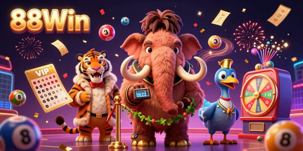 Experience 88Win excitement with a vibrant casino scene featuring a woolly mammoth bouncer and VIP guest.
