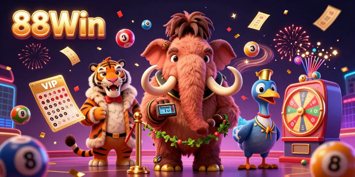 Experience 88Win excitement with a vibrant casino scene featuring a woolly mammoth bouncer and VIP guest.