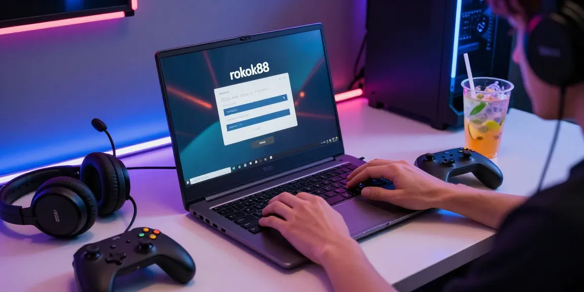 rokok88 login interface on a gaming keyboard in a modern gaming setup.