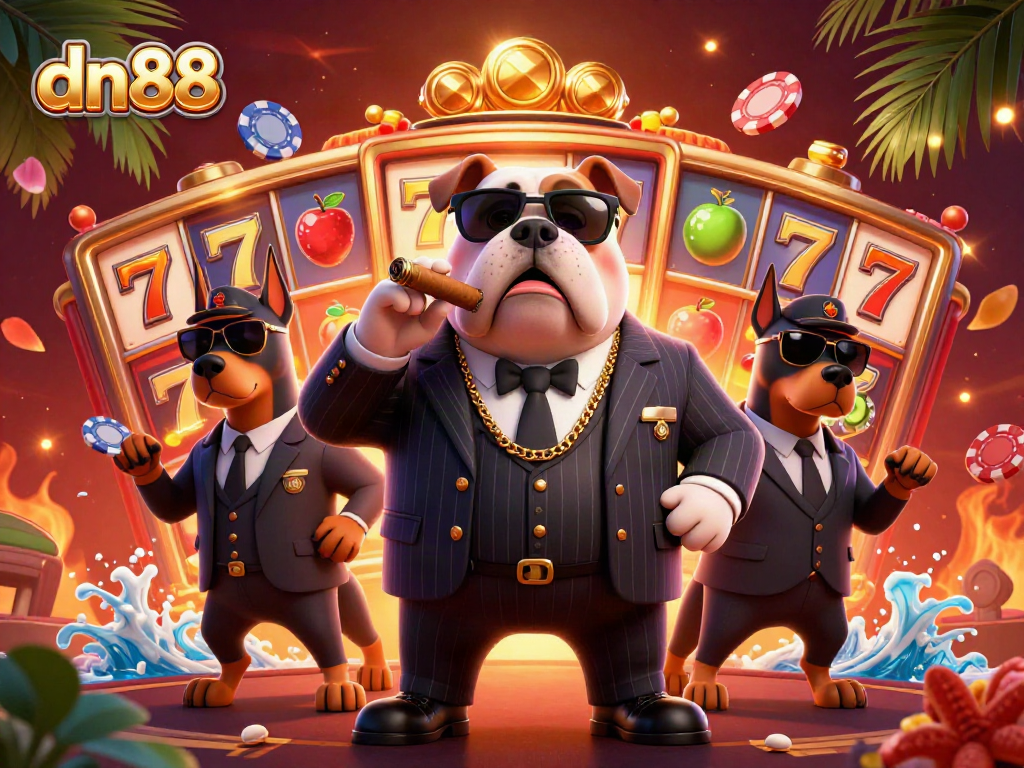 Experience thrilling slots action with dn88 in a vibrant casino scene featuring an animated mafia bulldog and dynamic elements.
