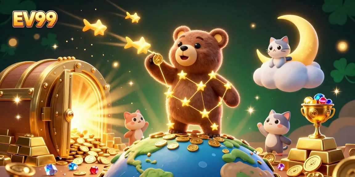 Experience the excitement of EV99 as a constellation bear interacts with treasures in a dazzling casino illustration.