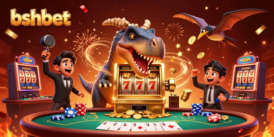 Bshbet ignites excitement as a cartoon dinosaur sparks a jackpot win at a thrilling casino scene.