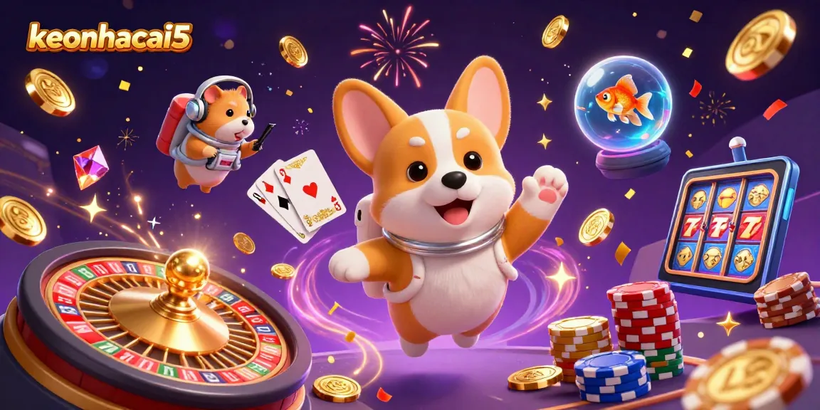Experience the excitement of keonhacai5 with a lively 3D casino scene featuring astronauts and animated games.