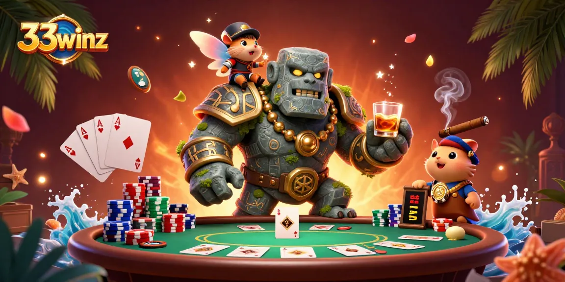 33winz offers enchanting casino gaming with a golem guardian, knight, and poker elements.