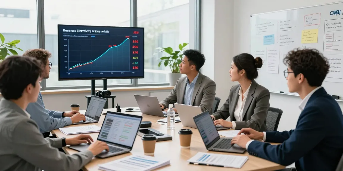 Team discussing uk electricity price per kwh 2026 in a bright office, showcasing data visualizations and strategy planning.