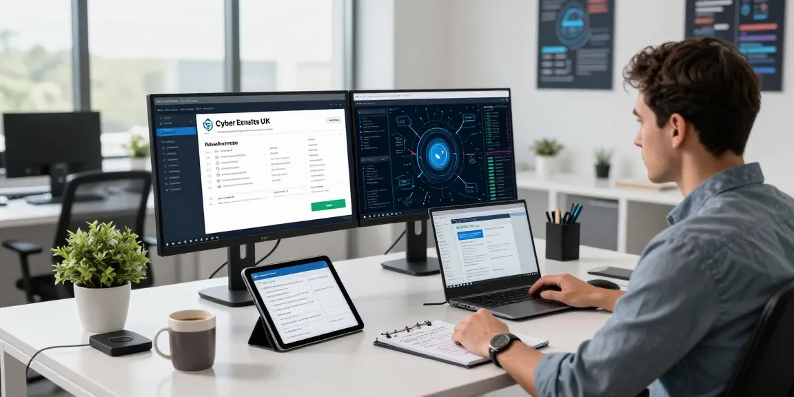 Cyber Essentials UK certification workspace with technician analyzing cybersecurity metrics on dual monitors and compliance tools.