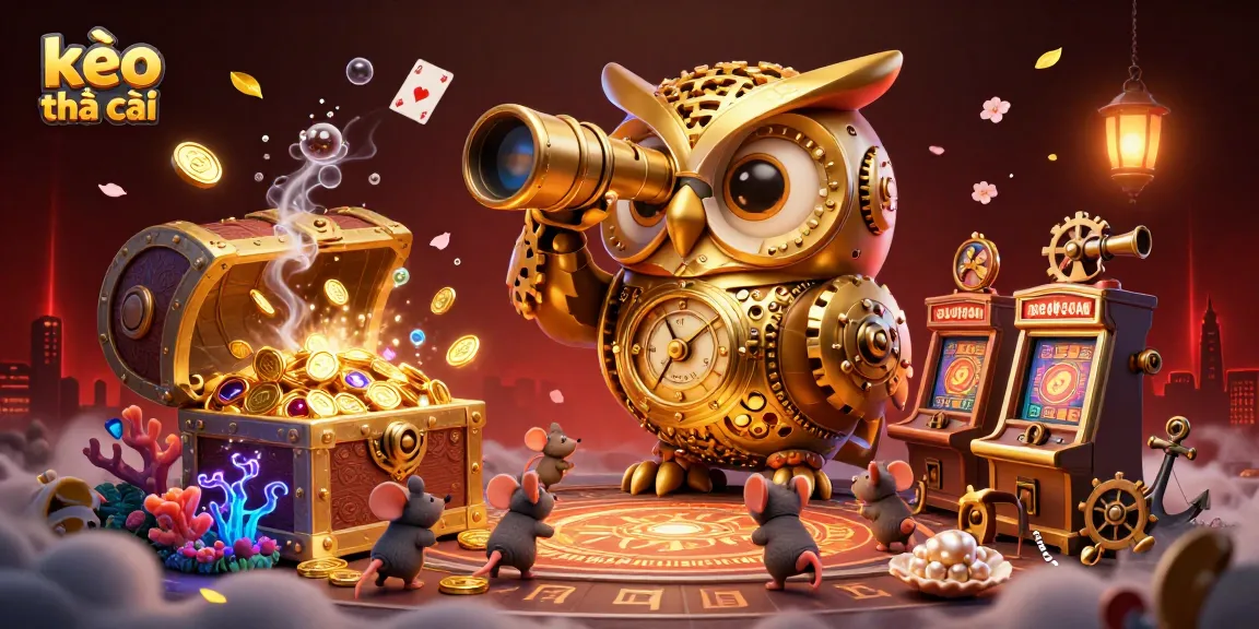 Engage with kèo nhà cái as the golden owl oversees a vibrant casino environment filled with treasure and excitement.